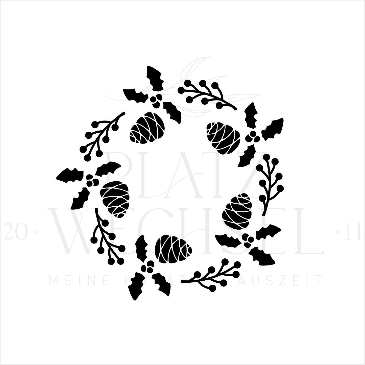 Piktogramm von Winterkranz Schablone mit Zapfen und Ästen.