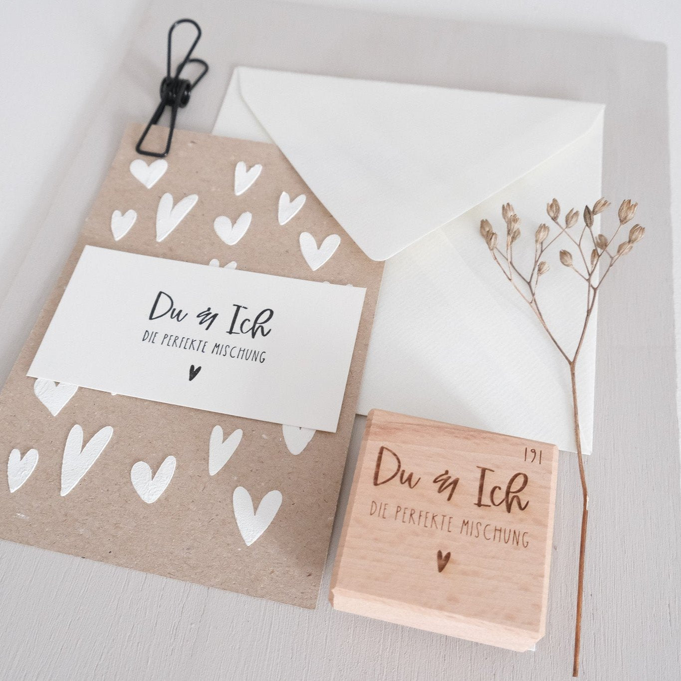 Holzstempel 5x5cm mit dem Text "Du & Ich - die perfekte Mischung".