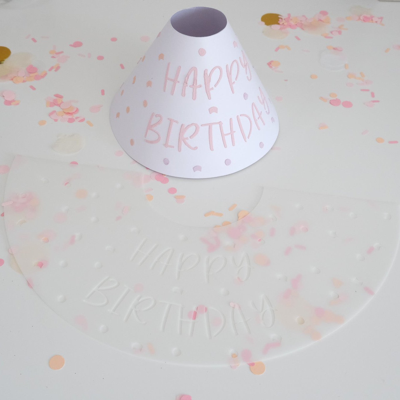 Schablone für Lampenschirmchen mit Text "Happy Birthday" und Konfetti.