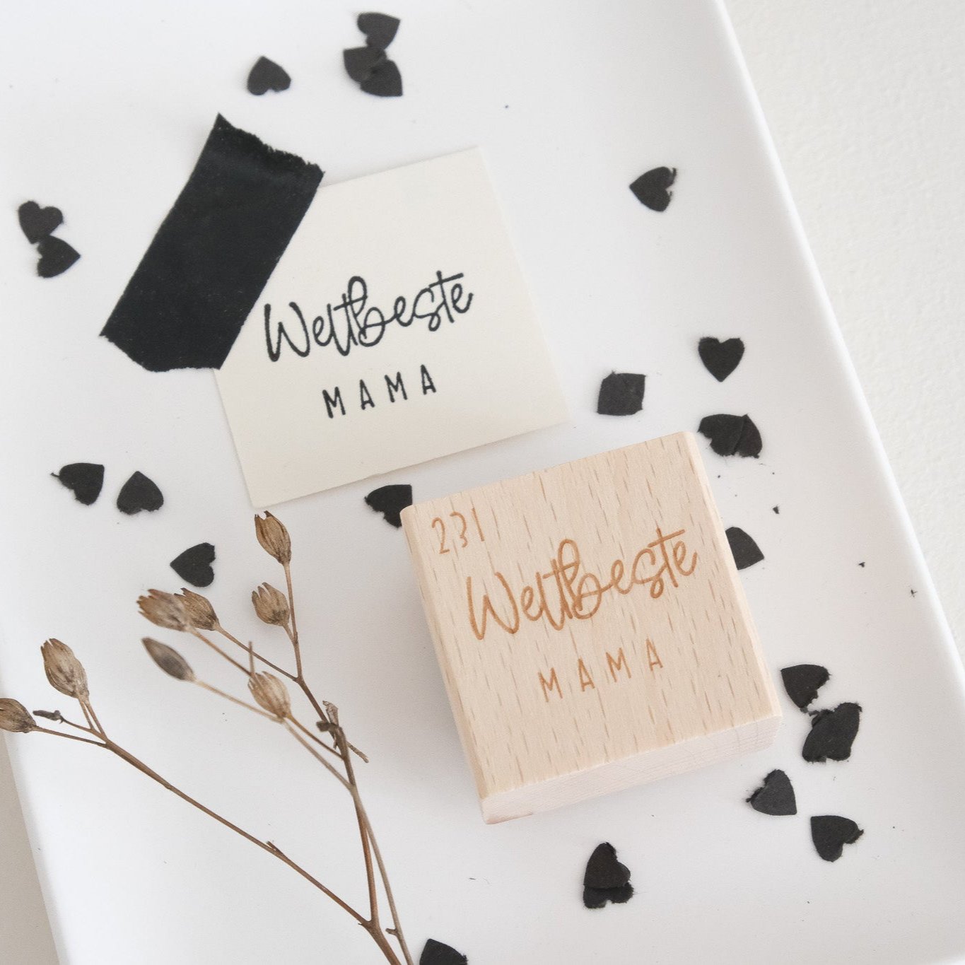 Holzstempel 3 x 3 cm mit Text "Weltbeste Mama".