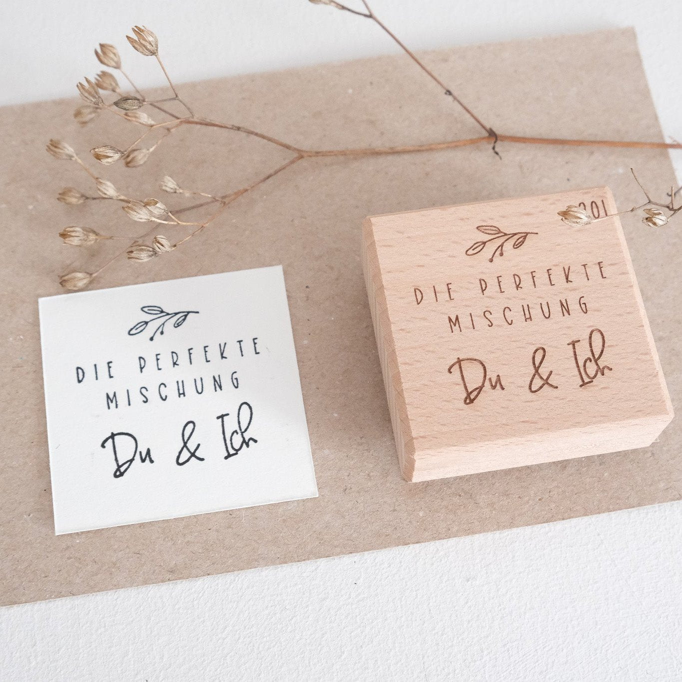 Holzstempel 5x5cm mit dem Text "Die perfekte Mischung - Du und Ich"