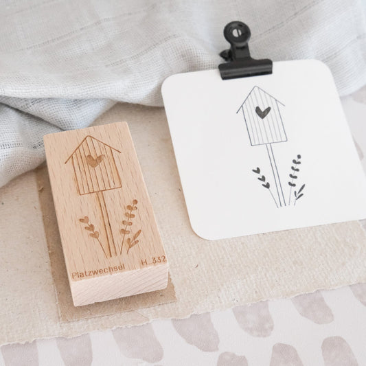Holzstempel | Vogelhaus mit Blumen | 3 x 6 cm