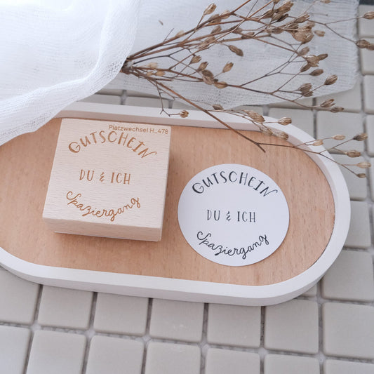 Holzstempel mit Text "Gutschein - Du & Ich Spaziergang" 5 cm mal 5 cm 
