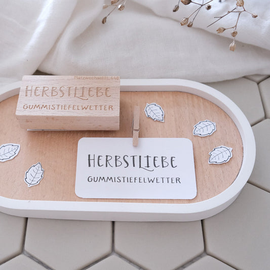 Holzstempel 3 x 6 cm mit Text "Herbstliebe - Gummistiefelwetter"
