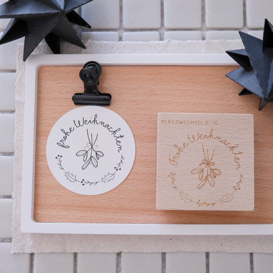 Holzstempel Frohe Weihnachten mit Halbkranz und Mistelzweigen