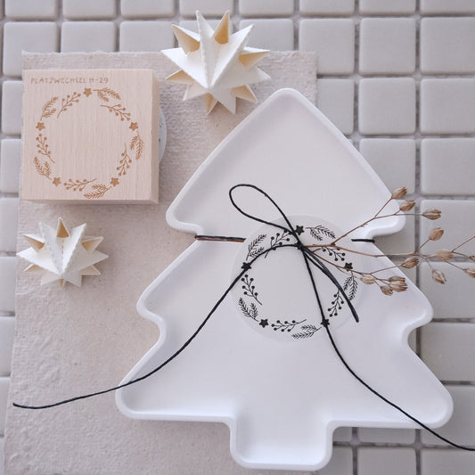 Holzstempel 5 x 5 cm mit Kranz aus Winterzweigen und Sternen