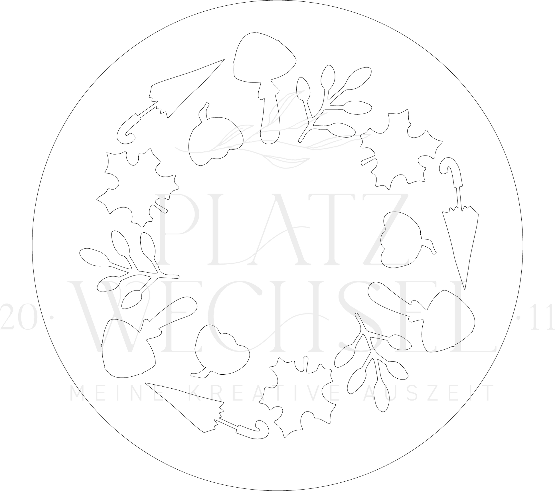 Motiv Herbstmotive, Schirm, Pilz, Zweig und Kürbis mit Wasserzeichen.