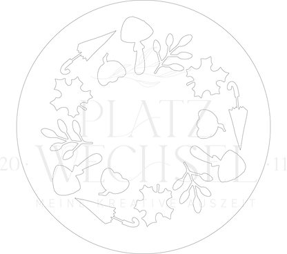 Motiv Herbstmotive, Schirm, Pilz, Zweig und Kürbis mit Wasserzeichen.